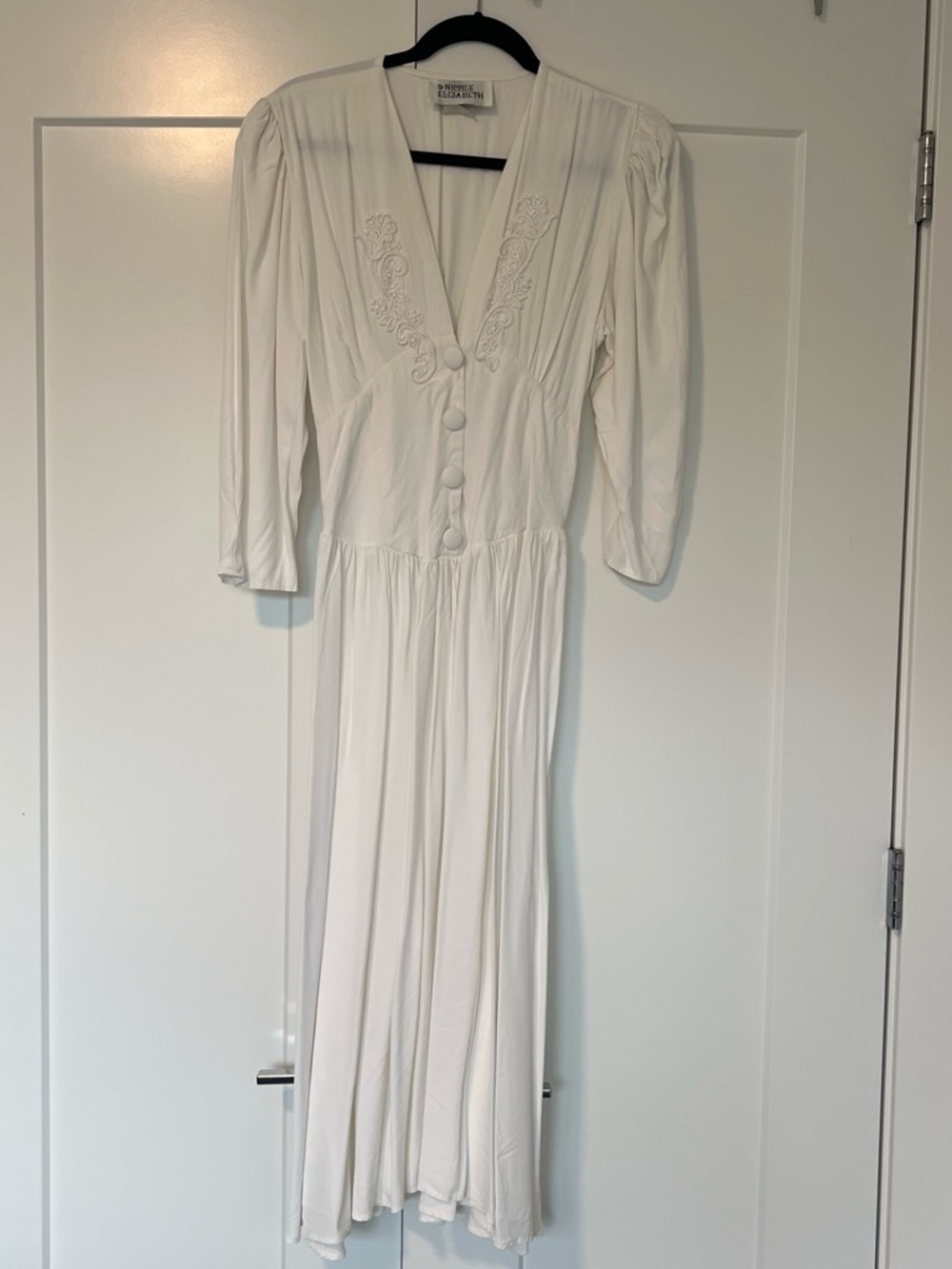 Soft White Vintage-Inspired Midi Dress with Embroidered Bodice